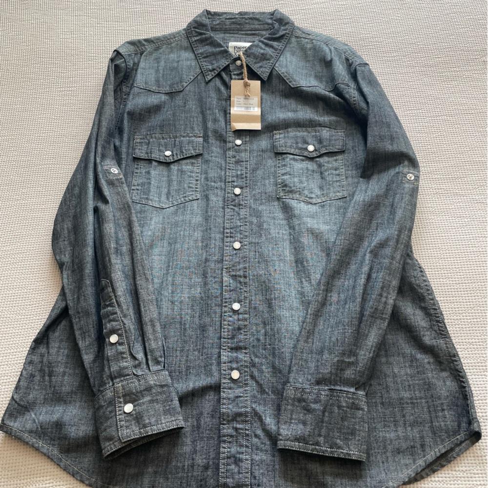 Paper Denim & Cloth Mens MWM22LS Sz Lg Color Worn Blue Denim Shirt Pearl Buttons